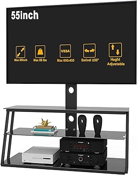 Photo 1 of TV Stand with Mount Height Adjustable Bracket Entertainment Stand for 32 to 65 inch Plasma LCD LED or Curved Screen TV 3-Tier Tempered Glass Universal Media Stand Floor tv Stand IANIYA
