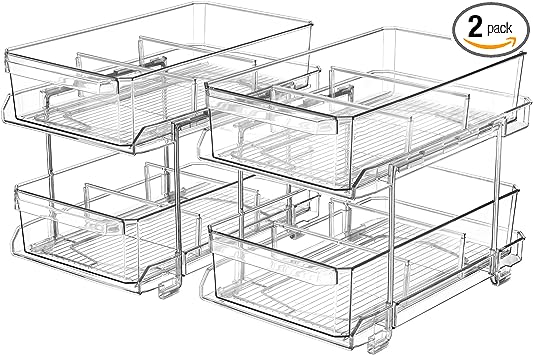 Photo 1 of 2 Set, 2 Tier Clear Organizer with Dividers for Cabinet / Counter, MultiUse Slide-Out Storage Container - Kitchen, Pantry, Medicine Cabinet Storage Bins, Bathroom, Vanity Makeup, Under Sink Organizing
