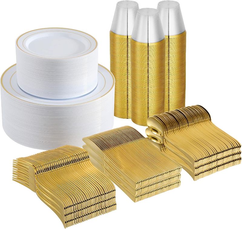 Photo 1 of 600 Piece Gold Dinnerware Set 100 Guests, Disposable Gold Rim Plates, 100 Dinner Plastic Plates, 100 Salad Gold Plates, 100 Gold Plastic Silverware, 100 Gold Plastic Cups Wedding Birthday Parties
