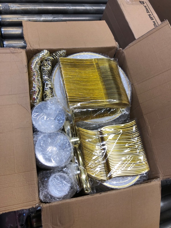 Photo 2 of 600 Piece Gold Dinnerware Set 100 Guests, Disposable Gold Rim Plates, 100 Dinner Plastic Plates, 100 Salad Gold Plates, 100 Gold Plastic Silverware, 100 Gold Plastic Cups Wedding Birthday Parties
