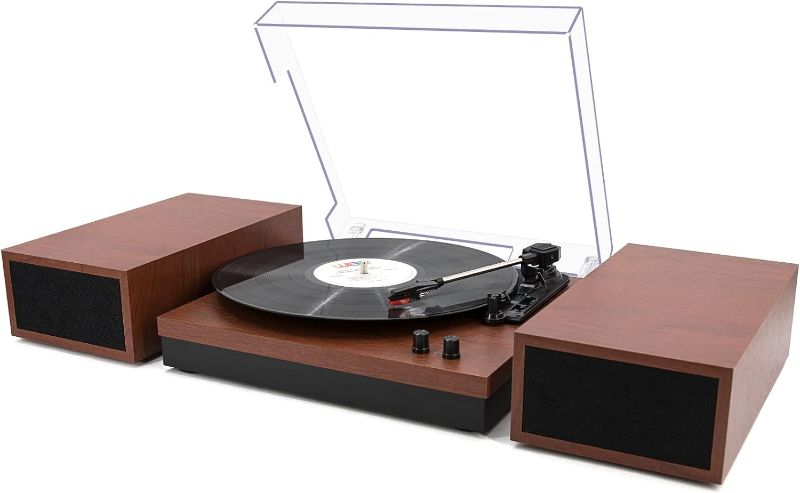Photo 1 of LP&No.1 Bluetooth Vinyl Record Player with External Speakers, 3-Speed Belt-Drive Turntable for Vinyl Albums with Auto Off and Bluetooth Input DarkBrown Wood
