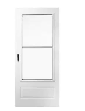 Photo 1 of 300 Series 36 in. x 80 in. White Universal 3/4 Light Mid-View Aluminum Storm Door with Black Handleset
