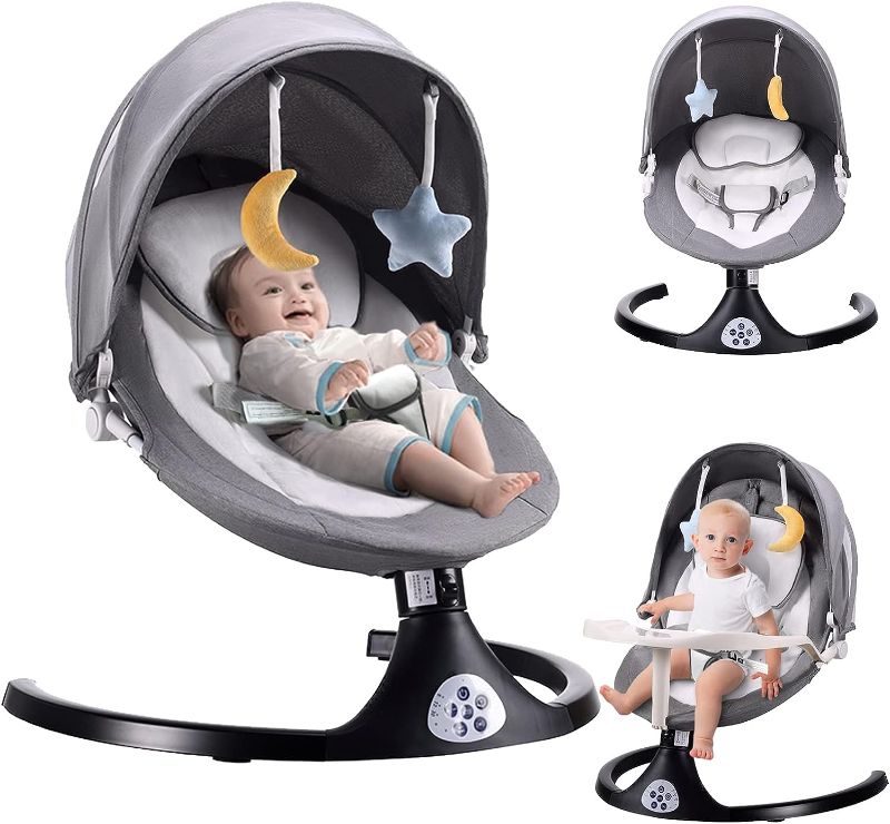 Photo 1 of ZRWD Baby Swing for Infants, 5 Speed Electric Bluetooth Baby Rocker for Newborn, 3 Timer Settings & 10 Pre-Set Lullabies, Portable Baby Swing with Tray and Remote Control for 5-26 lbs, 0-12 Months
