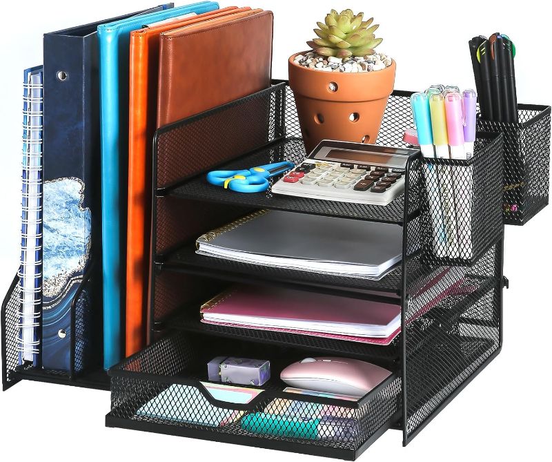 Photo 1 of Aigybobo Desk Organizer with File Holder, 4-Tier Paper Letter Tray Organizer with Drawer and 2 Pen Holder, Mesh Desk Organizers and Accessories for Office...