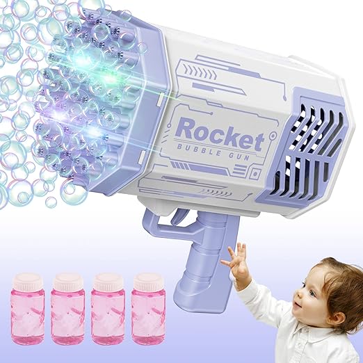 Photo 1 of 69 Holes Bubble Machine Gun - 2023 Upgraded Light Up Bubble Bazooka with Bubble Solution Electric Cannon Gun Blaster Bubbles Maker, Summer Outdoor Toys Gift for Birthday Wedding Party (Purple)