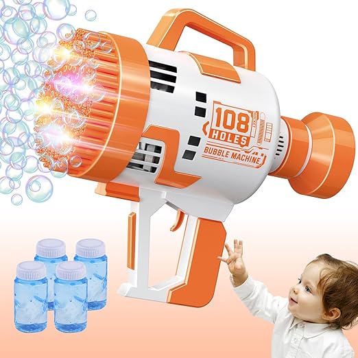 Photo 1 of 108 Holes Bubble Machine Gun - 2023 Upgraded Light Up Bubble Bazooka with Bubble Solution Electric Cannon Gun Blaster Bubbles Maker, Summer Outdoor Toys Gift for Birthday Wedding Party (Orange)