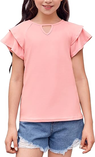 Photo 1 of 5T   Girls Summer Ruffle Sleeve Shirts Crew Neck Loose Blouse Solid Color Casual Tee Tops Size 5-14 Years