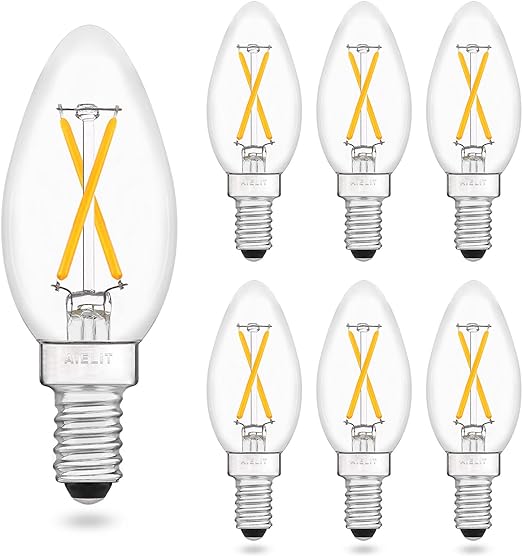 Photo 1 of AIELIT E12 Candelabra LED Bulb 25W Equivalent, Warm White 2700K, Dimmable LED Light Bulbs, 200 Lumens, Clear Glass, 2W B11/B10/C35 Edison Filament Bulb for Pendant Lamp, 6-Pack
