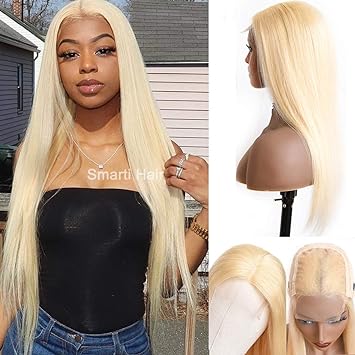 Photo 1 of Blonde 613 Lace Front Wig 18 Inch Long Straight 4x4 Blonde Wig Bleached Knots Brazilian Human Hair #613 Blonde Lace Front Wigs for Fashion Women Pre Plucked with Natural Hairline Ponytail Wig