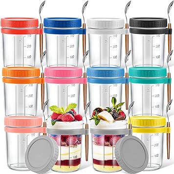 Photo 1 of 12 Pcs Overnight Oats Jars with Lid and Spoon, 12 oz Large Capacity Airtight Oatmeal Container Bulk with Measurement Marks, Mason Jars with Lid for Cereal on the Go Container