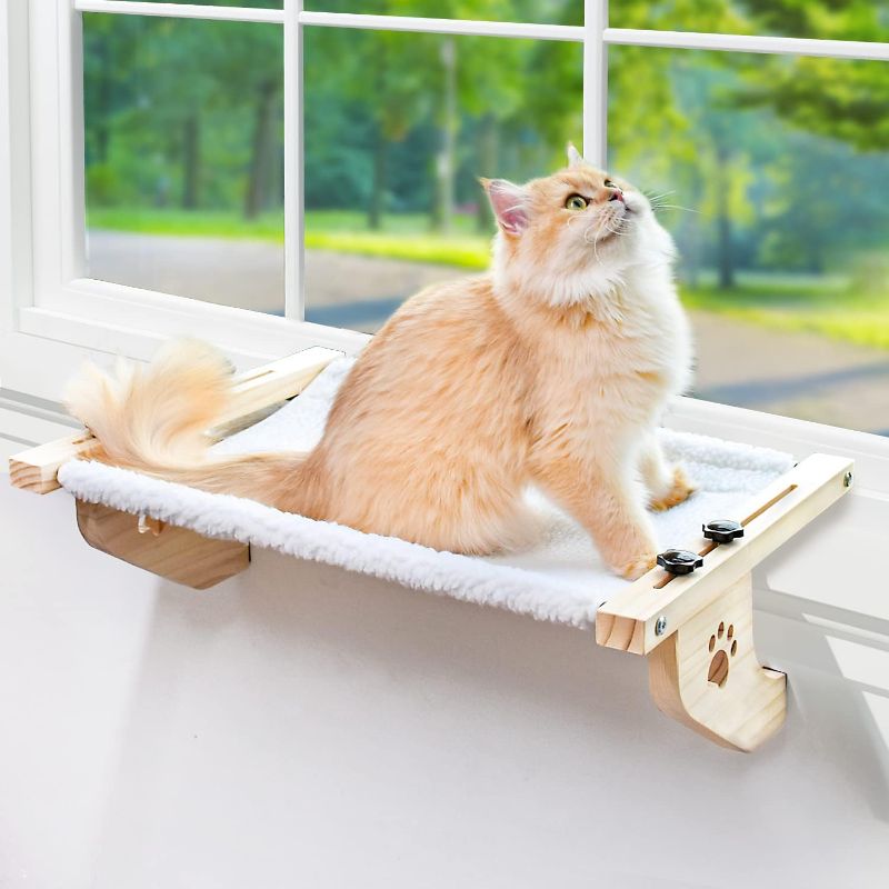 Photo 1 of AMOSIJOY Cat Sill Window Perch Sturdy Cat Hammock Window Seat with Wood & Metal Frame for Large Cats, Easy to Adjust Cat Bed for Windowsill, Bedside, Drawer and Cabinet (24.4''-White Plush)
