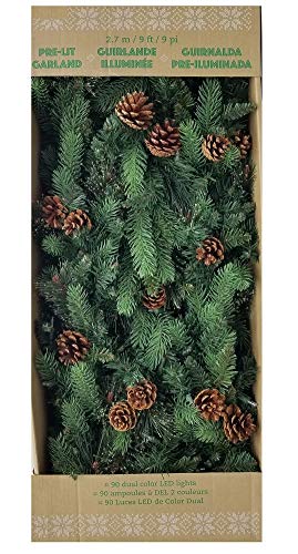 Photo 2 of Pre-Lit 9 Ft Garland with 90 Dual Color LED Lights and Pinecones. Kirkland Signature 9-FT Pre-Lit Garland. 90 Dual Color LED Lights (White or Multicolor). 400 branch tips, 18 pine cones. For Indoor and Outdoor use. Plug-in powered with a cord