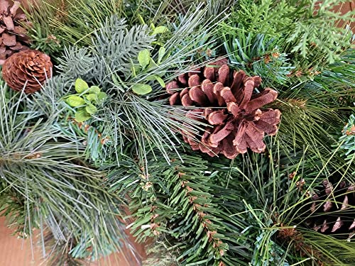 Photo 2 of KIRLAND Pre-Lit Battery Operated 32-Inch Artificial Wreath with Dual Color LED Lights and Greenery. Measures 29-inches, reaches 32-inches when flocked and wreath is stretched to its full length. Decorated with pine cones and various greenery. Accented wit