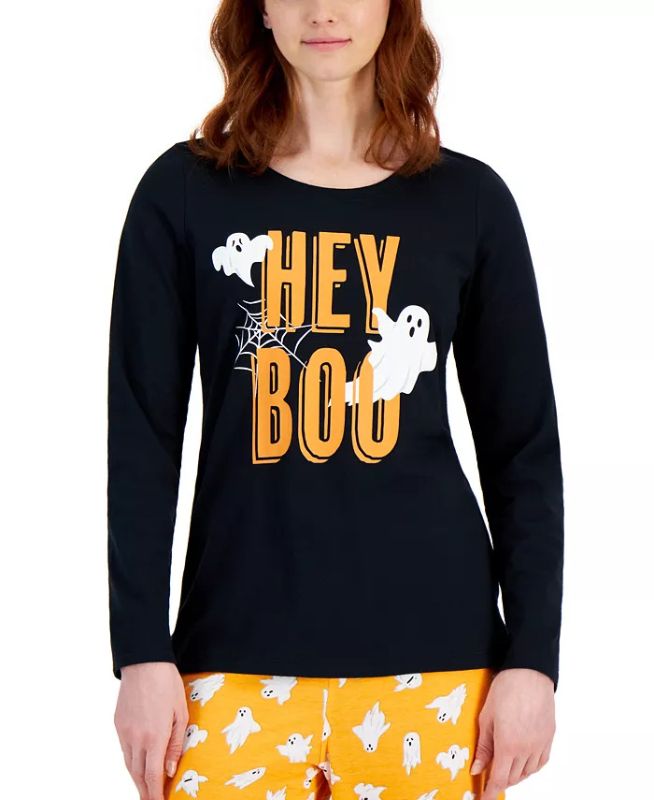 Photo 2 of SIZE LARGE - Matching Women's Halloween Hey Boo Mix It Family Pajama Set, Created for Macy's. A gaggle of printed ghosts spice up your spooky night style in the Hey Boo jersey-knit pajama set from Family Pajamas. Top: hits at hip, light jersey-knit, graph