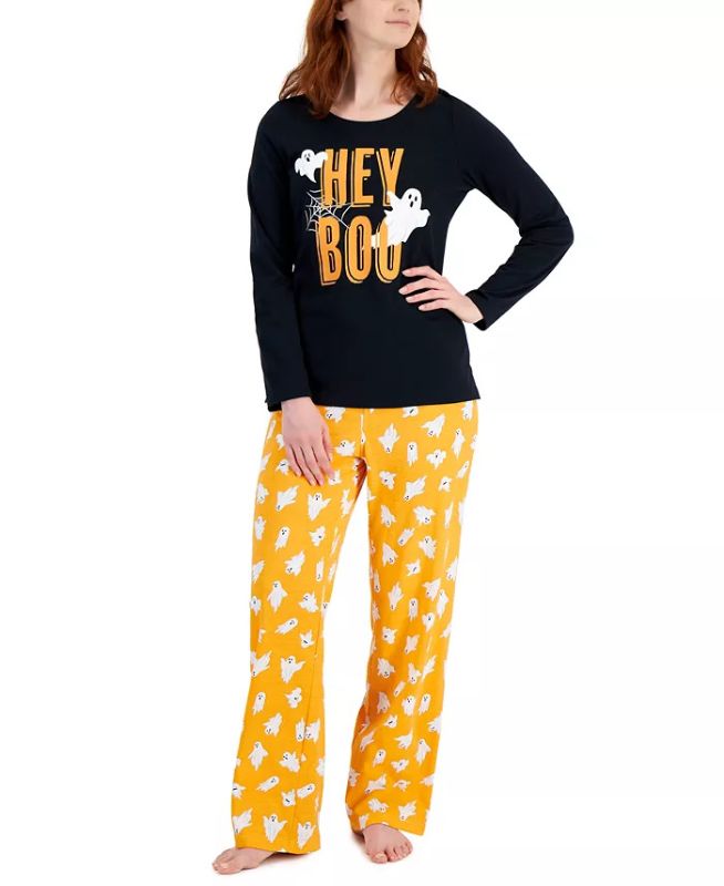 Photo 1 of SIZE LARGE - Matching Women's Halloween Hey Boo Mix It Family Pajama Set, Created for Macy's. A gaggle of printed ghosts spice up your spooky night style in the Hey Boo jersey-knit pajama set from Family Pajamas. Top: hits at hip, light jersey-knit, graph