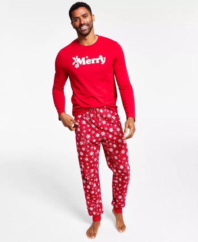 Photo 1 of SIZE LARGE - Matching Men's Merry Snowflake Mix It Family Pajama Set, Created for Macy's. Family Pajamas keeps him festive and cozy in this fun pajama set featuring a graphic jersey top and printed flannel pants. Top: hits at hip; jersey fabric; graphic p