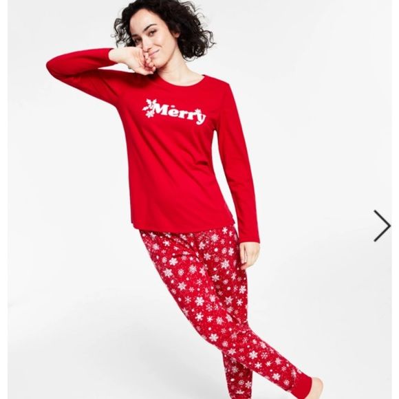 Photo 1 of SIZE SMALL - Matching Women's Merry Snowflake Mix It Family Pajama Set, Created for Macy's. Merry and bright. This Family Pajamas set pairs a graphic top with snowflake-print pants that give you a vibrant, festive look. Top: hits at hip, jersey fabric, gr