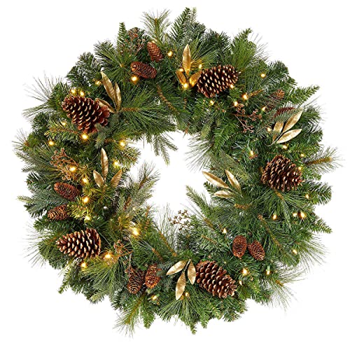 Photo 5 of 32" Pre-Lit 50 LED Timer Lights Artificial Christmas Wreath W Various Greenery. Make your entrance merry with this lush, beautiful artificial holiday wreath. Resembling a mix of scotch pine, noble fir and cedar, all accented with preserved pinecones and f