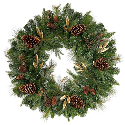 Photo 4 of 32" Pre-Lit 50 LED Timer Lights Artificial Christmas Wreath W Various Greenery. Make your entrance merry with this lush, beautiful artificial holiday wreath. Resembling a mix of scotch pine, noble fir and cedar, all accented with preserved pinecones and f