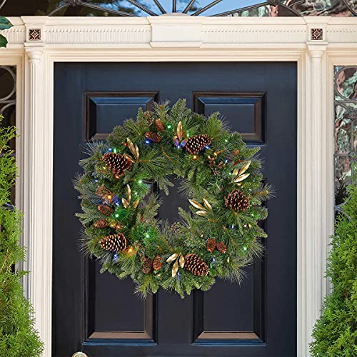 Photo 1 of 32" Pre-Lit 50 LED Timer Lights Artificial Christmas Wreath W Various Greenery. Make your entrance merry with this lush, beautiful artificial holiday wreath. Resembling a mix of scotch pine, noble fir and cedar, all accented with preserved pinecones and f