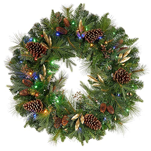 Photo 3 of 32" Pre-Lit 50 LED Timer Lights Artificial Christmas Wreath W Various Greenery. Make your entrance merry with this lush, beautiful artificial holiday wreath. Resembling a mix of scotch pine, noble fir and cedar, all accented with preserved pinecones and f