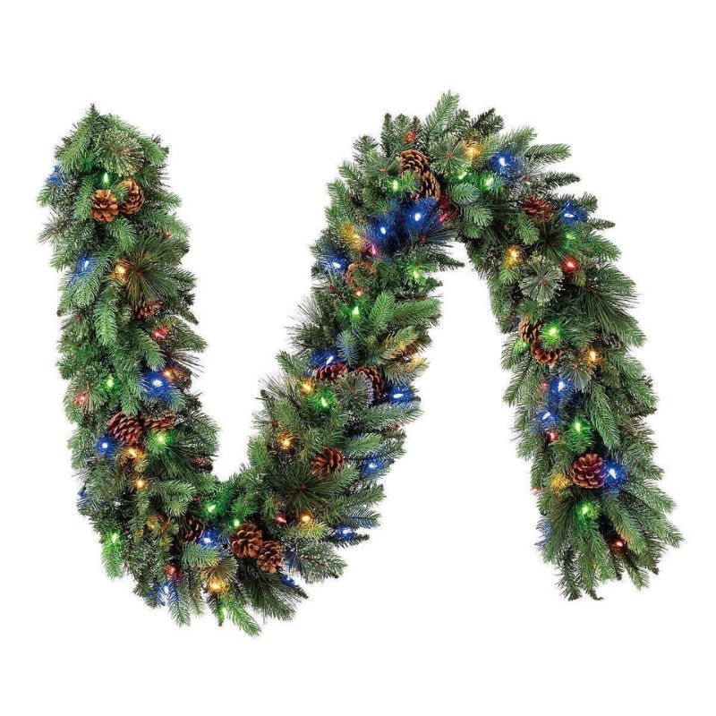 Photo 1 of KIRKLAND PRE LIT GARLAND 90 DUAL COLOR LED LIGHTS 9 FT. Set up your indoor holiday scene instantly with this Pre-Lit 9 ft. Garland with 90 Dual Color LED Lights and Pinecones. It features perfectly shaped tapered tips that are a medium green color and hav