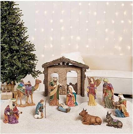 Photo 1 of Kirkland Signature Hand-Painted Christmas Nativity 13-Piece Set. 13-Piece Nativity Set. Hand-crafted and hand-painted with intricate detailing to build each piece. No assembly required. Includes: Manger, Cradle, Baby Jesus, Mary, Joseph, Angel, 3 Wise Men