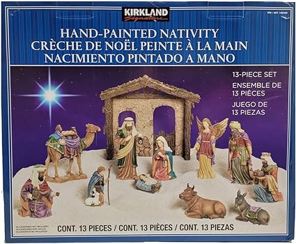 Photo 2 of Kirkland Signature Hand-Painted Christmas Nativity 13-Piece Set. 13-Piece Nativity Set. Hand-crafted and hand-painted with intricate detailing to build each piece. No assembly required. Includes: Manger, Cradle, Baby Jesus, Mary, Joseph, Angel, 3 Wise Men