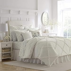 Photo 1 of FULL/QUEEN Laura Ashley Home - Queen Comforter Set, Reversible Cotton Bedding with Matching Shams, Stylish Home Decor for All Seasons (Adelina White) 92"L x 88"W comforter, Two 21"L x 27"W standard shams, Features a white on white dimensional lattice made