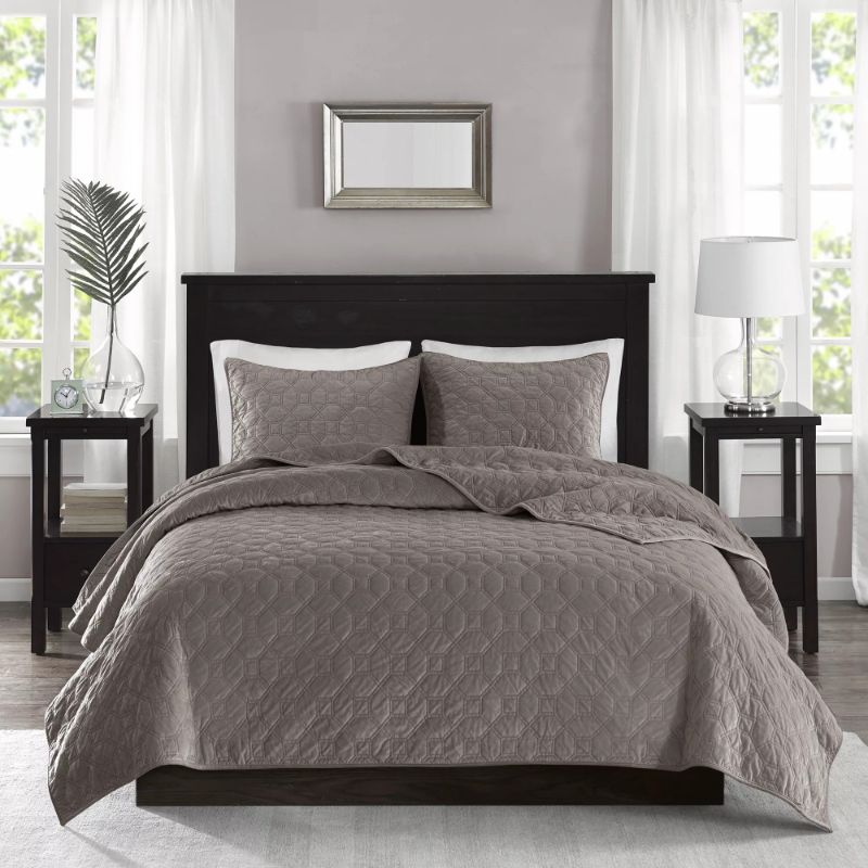 Photo 1 of King / Cal King Home Essence Mercer Faux Velvet Reversible 3 Piece Coverlet Set, King/Cal King, Taupe. King/Cal King Set Includes: 1 Coverlet (104"W x 94"L), 2 King Shams (20"W x 36"L + 0.5") Coverlet/Shams: 100% Polyester Velvet With Quilted Face, Microf