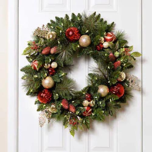 Photo 1 of 30" Decorated LED Wreath. Simply place it on your front door and let the celebrations begin! A fuller look can be easily achieved by gently moving and arranging the branches and decorations. 50 Pre-lit LED White Lights. 50 Pre-lit LED white lights.