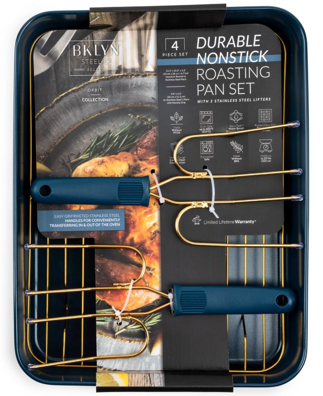 Photo 1 of Brooklyn Steel Co. NAVY Orbit 4-Pc. Nonstick Roasting Pan Set. Features:  Nonstick Roasting Pan Set.  Aluminum; stainless steel rack and lifters