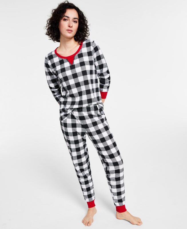 Photo 1 of SIZE XS - Matching Women's Lightweight Thermal Waffle Buffalo Check Pajama Set, Created for Macy's - Black and White Buffalo Check. Vibrant contrast brings a fresh feel to classic buffalo plaid, bringing a fun look and cozy feel to this waffle-knit set fr