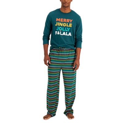 Photo 1 of SIZE LARGE - Matching Men's Merry Jingle Mix It Family Pajama Set, Created for Macy's - June Bug. Fun colors and a festive print put him in a holiday mood in Family Pajamas' comfy, jersey long-sleeve top and striped pants set