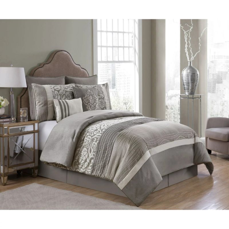 Photo 1 of Queen size - VCNY HOME Arcadia 6 Piece Comforter Set. Instantly elevate your bedroom decor with the VCNY Home Arcadia Taupe Embroidered Comforter Set, which showcases a beautiful blend of stylized florals, abstract patterns, pleated accents, and a lustrou