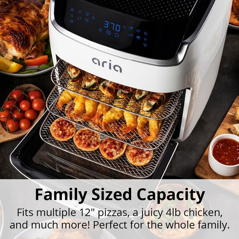 Photo 4 of Aria 10 Qt. White Stainless Steel Air Fryer with Touch Screen and Premium Accessory Set and Recipe Book - White. Bake, fry, rotisserie, reheat, dehydrate, grill and roast your favorite meats, breakfasts, desserts, and vegetables faster than ever with the 