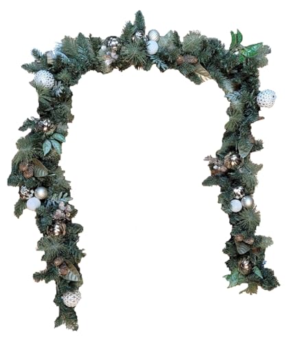 Photo 1 of 9FT Pre-Lit and Decorated Garland 90 Warm White LED Lights and Silver Accents. It’s time to deck the halls, the mantle, even the banister – and here’s the ideal solution. This generous 2.7 m (9 ft.) garland is accented with beautiful ornaments, snow-duste
