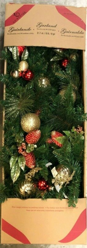 Photo 1 of 9FT Pre-Lit Decorated Garland 90 LED Lights Red Pine Cones Ornaments.