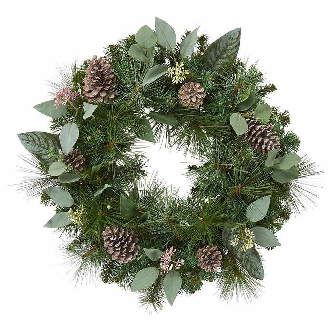 Photo 3 of 24" Pre-Lit Artificial Mixed Greenery Wreath. Make your entrance merry with this lush, beautiful holiday wreath. Resembling a fresh mix of Scotch pine, magnolia, and pear leaves, all accented with white-washed pinecones and faux eucalyptus. This wreath ha