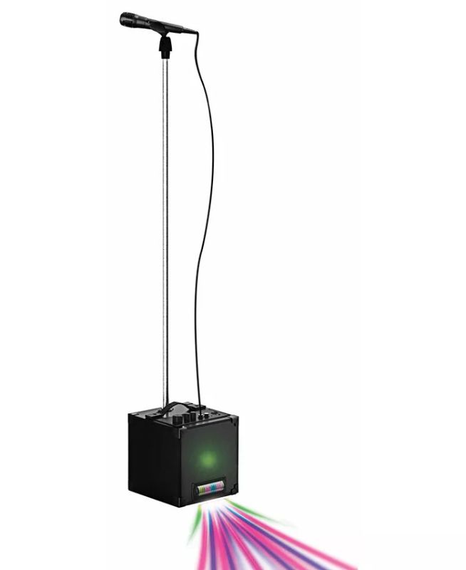 Photo 1 of Brookstone Karaoke Speaker with Microphone Stand and Microphone.  Multicolor LED lights up the room for a party to remember, Microphone and lightweight, microphone stand that extends up to 57'', Durable design makes it easy to take powerful HD sound anywh