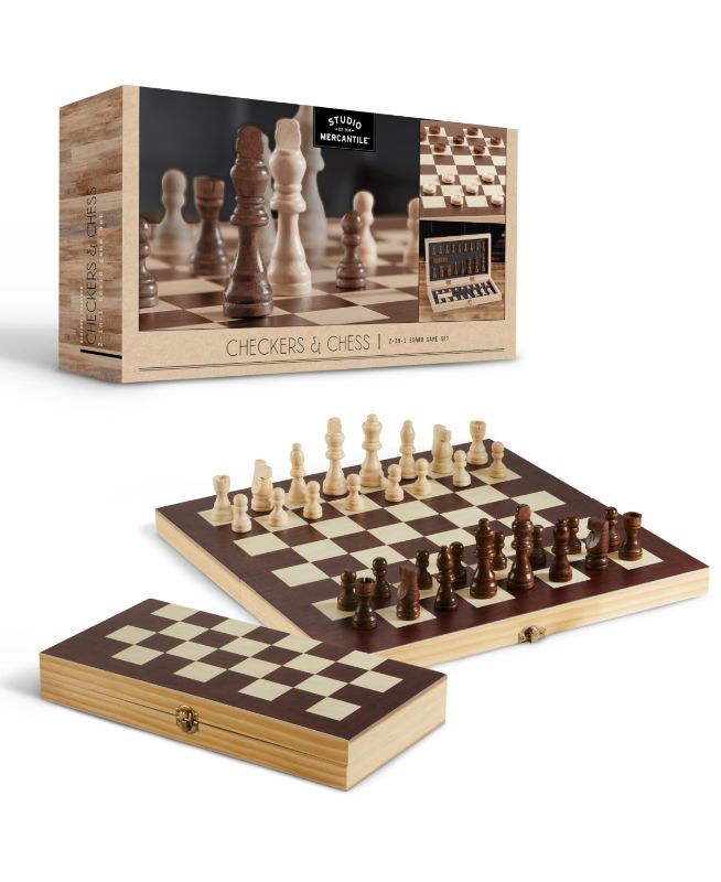 Photo 1 of Studio Mercantile 2-in-1 Checkers and Chess Wood Set, 57 Pieces. The Studio Mercantile checkers chess set delivers classic fun with a stylish, vintage-like-inspired look. Crafted from natural wood, this 2-in-1 game is made for play and display. Or store y