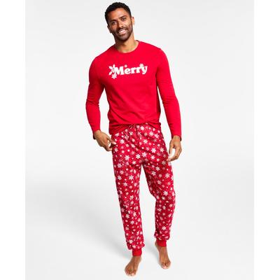 Photo 1 of SIZE SMALL - Matching Men's Merry Snowflake Mix It Family Pajama Set, Created for Macy's - Candy Red. Family Pajamas keeps him festive and cozy in this fun pajama set featuring a graphic jersey top and printed flannel pants.