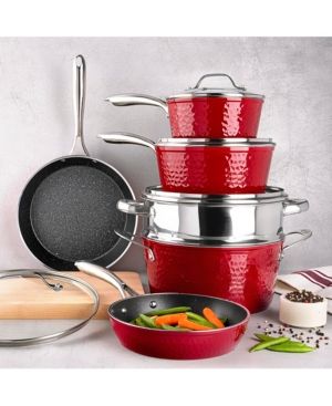 Photo 1 of Granite Stone Diamond Hammered Aluminum Diamond Infused Nonstick 10-Pc. Cookware Set, Created for Macy's. Designed in Italy, this Granite Stone cookware set marries the traditional beauty of hammered exterior design with the latest in non-stick advances. 