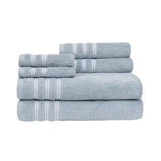 Photo 1 of Caro Home 6 Piece Sabina LT Set, Silver Blue. Sabina LT brings fashion and function to any bath, constructed of unique 100% ring spun cotton low twist yarns that create a quick dry towel that with extreme soft feel. Accented by contrasting white weft bord