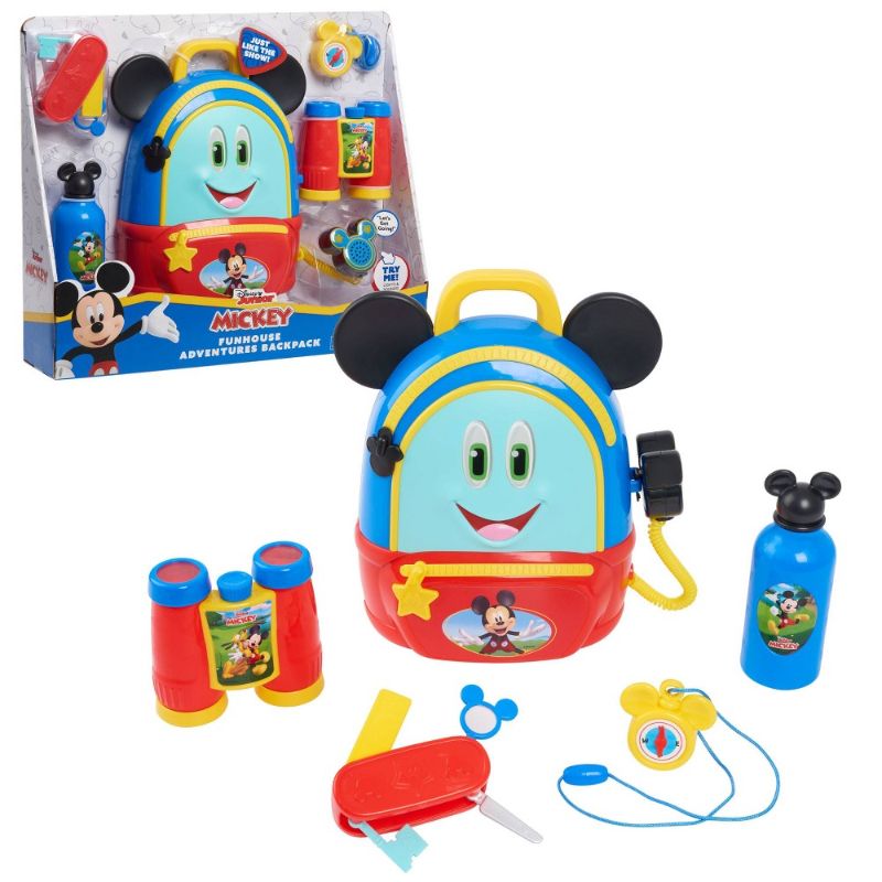 Photo 1 of Disney Junior Mickey Mouse Funhouse Adventures Backpack, Multicolor. Press the button on the communicator for lights, sounds, and Mickey Mouse phrases This adventurous role play set also comes with a multi-tool with four slidable attachments, including a 