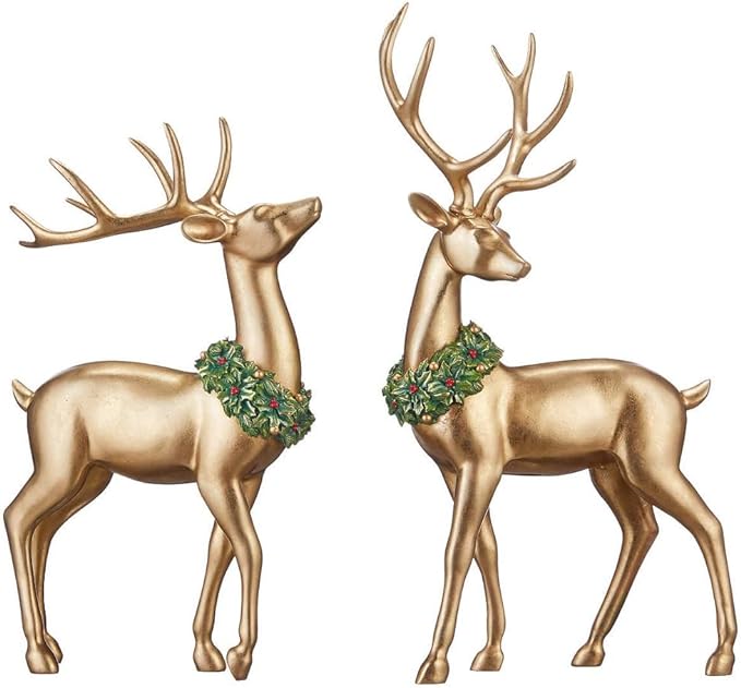 Photo 2 of Holiday Deer with Tree, Set of 3 pieces. or your mantle, table, or anywhere you want to add joy and style to your holiday décor with this beautifully handcrafted Holiday Deer set. It includes 2 skillfully sculpted gold deer and a festive green tree that h