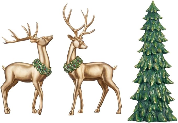 Photo 3 of Holiday Deer with Tree, Set of 3 pieces. or your mantle, table, or anywhere you want to add joy and style to your holiday décor with this beautifully handcrafted Holiday Deer set. It includes 2 skillfully sculpted gold deer and a festive green tree that h