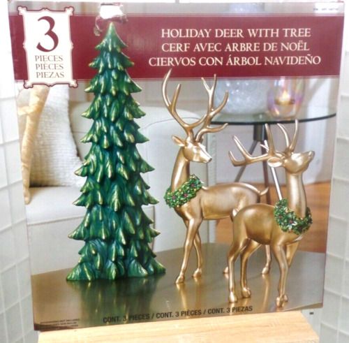 Photo 5 of Holiday Deer with Tree, Set of 3 pieces. or your mantle, table, or anywhere you want to add joy and style to your holiday décor with this beautifully handcrafted Holiday Deer set. It includes 2 skillfully sculpted gold deer and a festive green tree that h