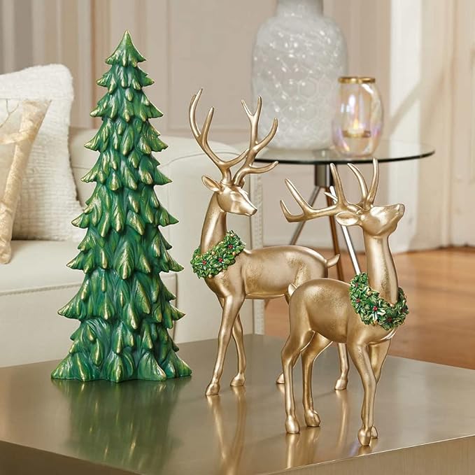 Photo 1 of Holiday Deer with Tree, Set of 3 pieces. or your mantle, table, or anywhere you want to add joy and style to your holiday décor with this beautifully handcrafted Holiday Deer set. It includes 2 skillfully sculpted gold deer and a festive green tree that h