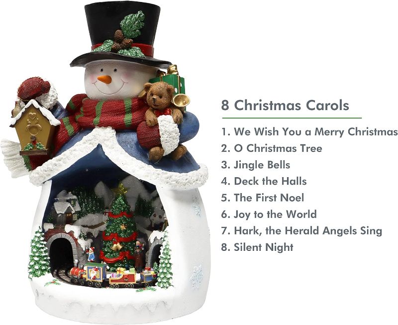 Photo 5 of Moments In Time Christmas Decor Snowman with Christmas Village Scene, with LED Lights, Christmas Music, and Animation - Power Adapter (Included) (18.7" H x 11.4" W x 12.8" D). Plays 8 Classic Christmas Songs: We Wish You A Merry Christmas; O Christmas Tre